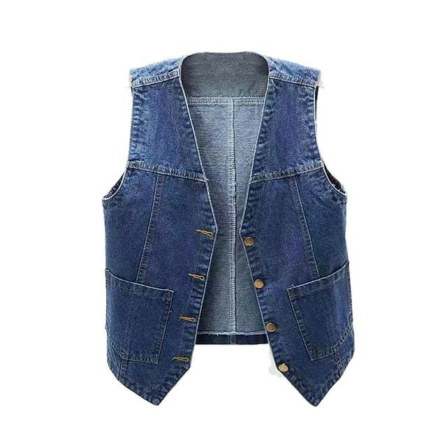 Moxiu Gilet en Jean pour Femmes Classique Court à Revers Sans Manches Vestes en Jean Boutonnées Gilet en Jean avec Poches 2025 Bleu,G