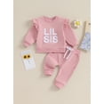 thumbnail image 2 of FEORJGP Infant Baby Girl 2Pcs Autumn Clothes Newborn Ruffled Long Sleeve Pullover Fuzzy Letter Embroidery Jumper Crew Neck Sweatshirt Tops and Drawstring Sweatpants Solid Color Pants Outfit, 2 of 9