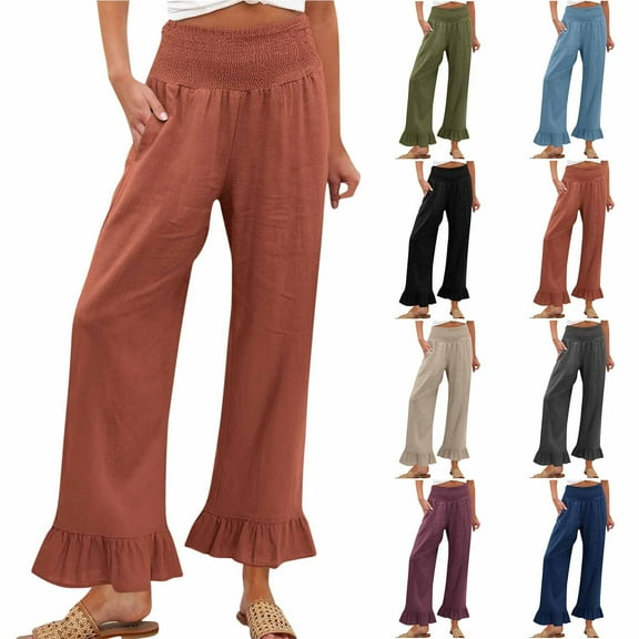 Bovxnpu Plus Size Pants For Women, Womens Wide Leg Pants Casual Beach Trousers, Woman Fashion Solid Color Ruffle Elastic Waist High Waist Long Pants XL