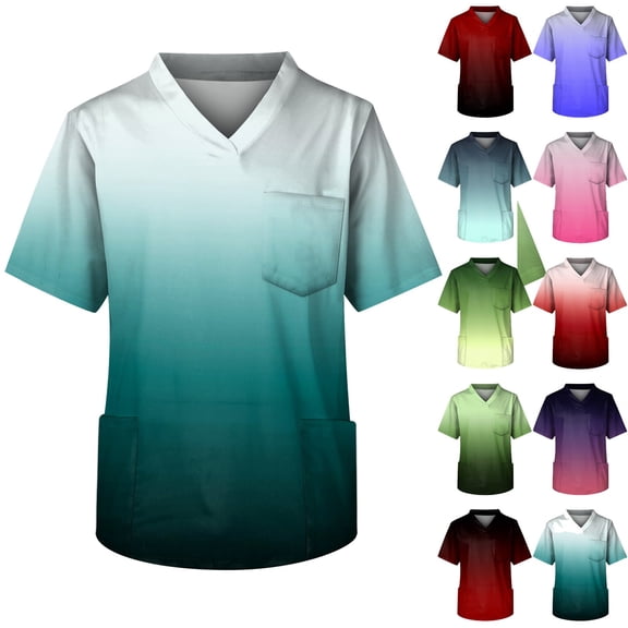 Men's Fit Gradient Color Scrub Tops Plus Size V-Neck Short Sleeve Funny Medical Workwear with 3 Pocket Watermelon Red 4XL