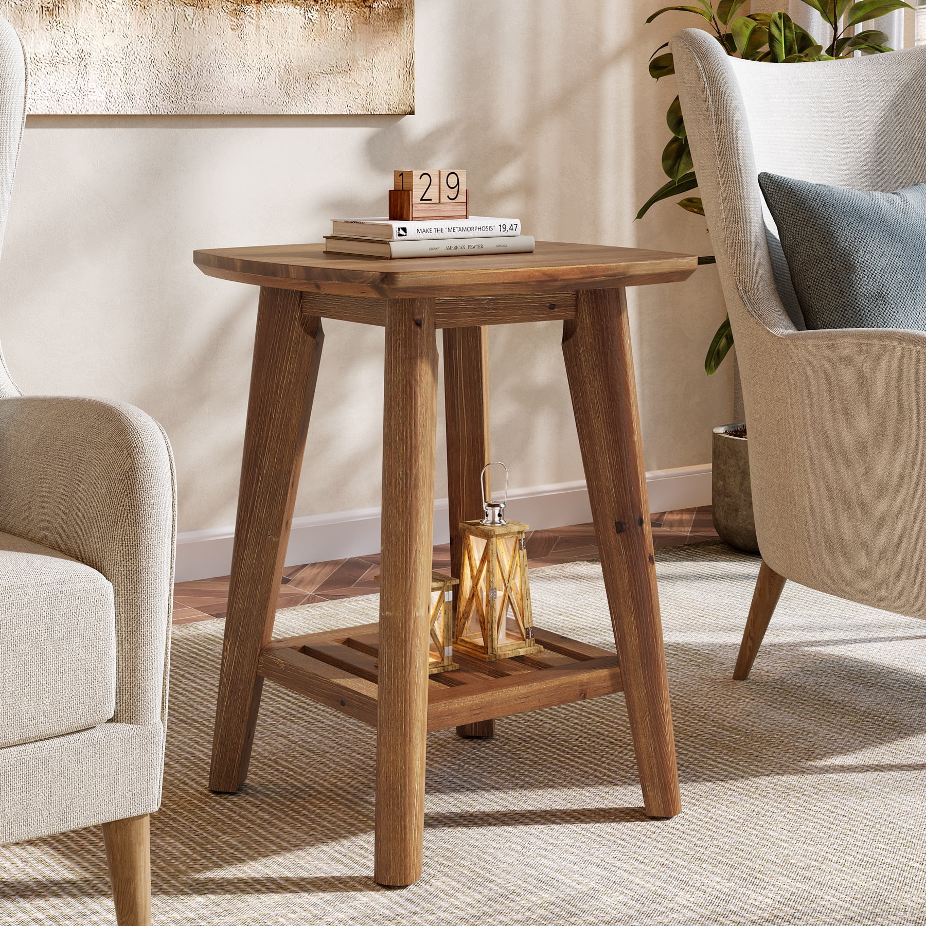 19.7" Solid Wood Square Side Table with 2-Tier Storage Shelf, Small Space End Table for Living Room, Bedroom & Sofa Side, Space-Saving Accent Table