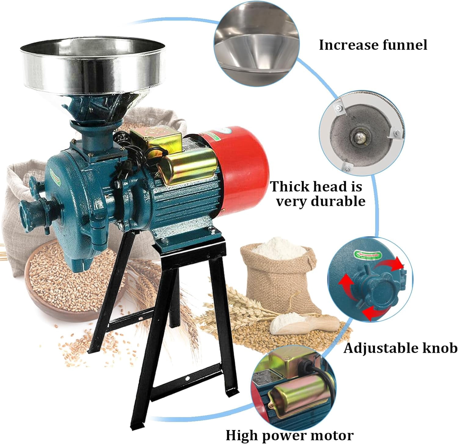 PRIJESSE Electric Grain Grinder Mill 110V 3000W  Dry Corn Grinder Commercial  Feed Mill Dry Cereals Wheat Grinder W/ Funnel