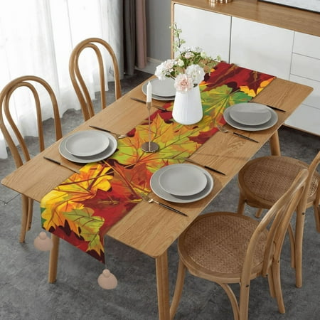 

Autumn Leaves Printed Table Runner Imitation Linen Table Runner With Khaki Tassels For Party And Dining Room 14 x 60