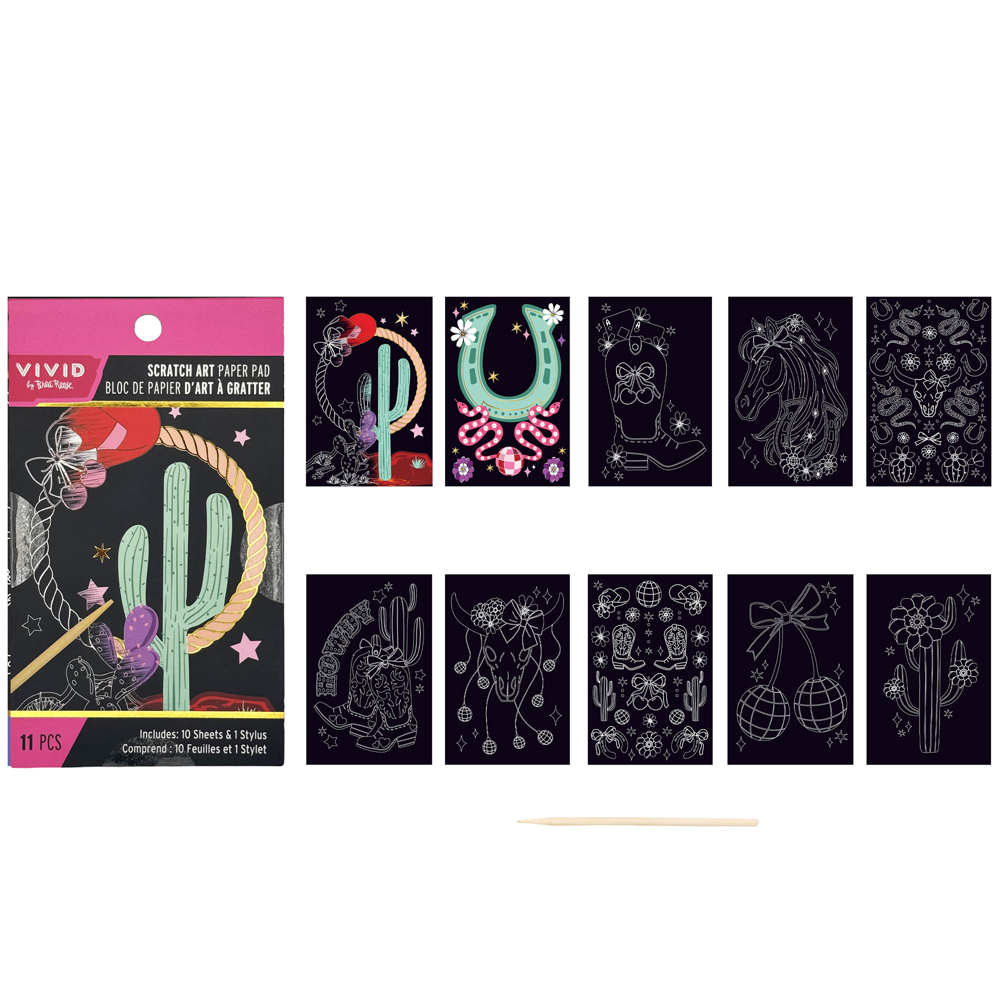 Brea Reese: Scratch Art Paper Pad 2 Pack - Rodeo Love & Highland Cow - 20 Design Assortment, Metallic Accents, Wooden Stylus, 6x8" Pages, Adult Craft