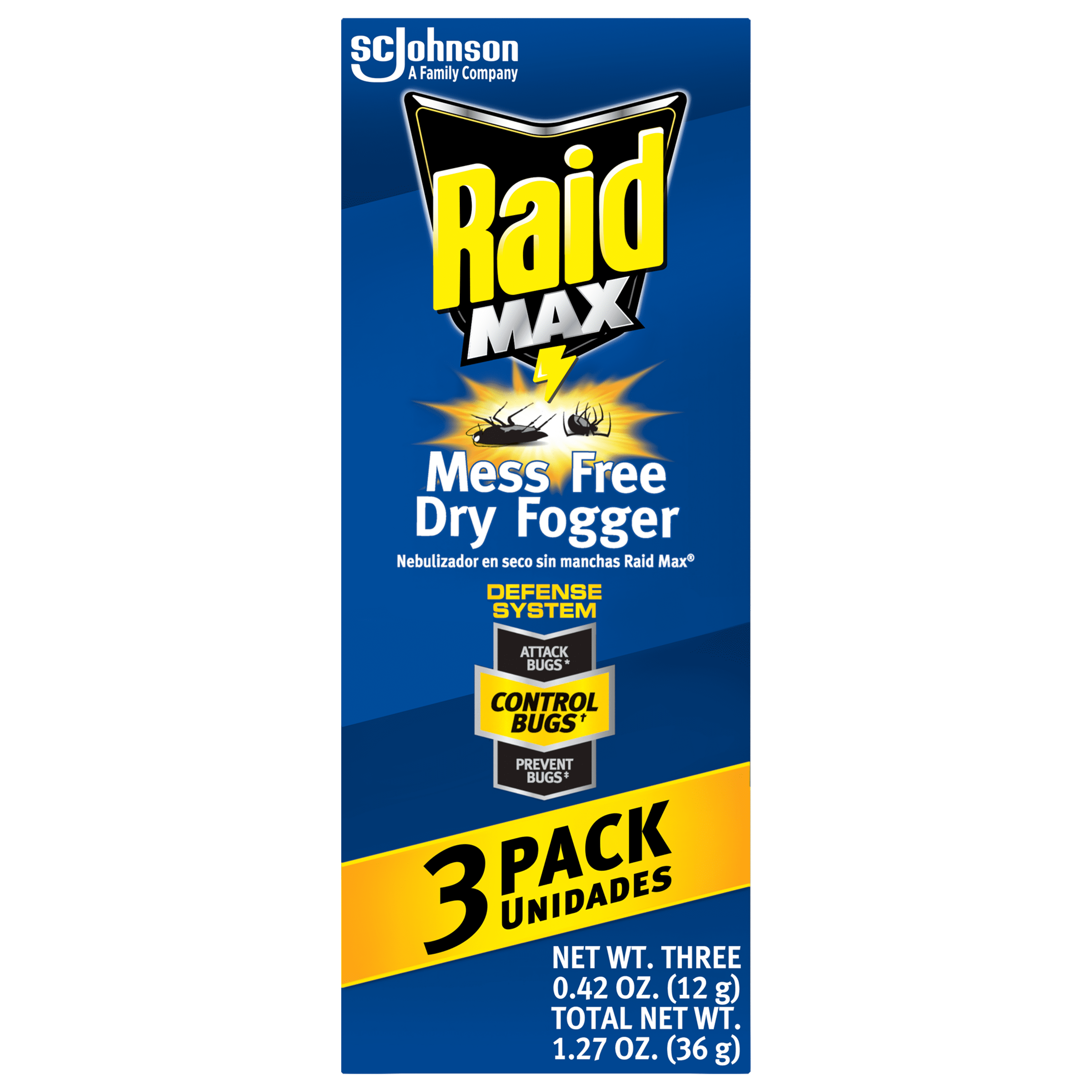 Raid MAX Mess Free Dry Fogger, 0.42 Oz / 12 g, Pack of 3, Indoor Deep-penetrating Fog, No Messy Residue