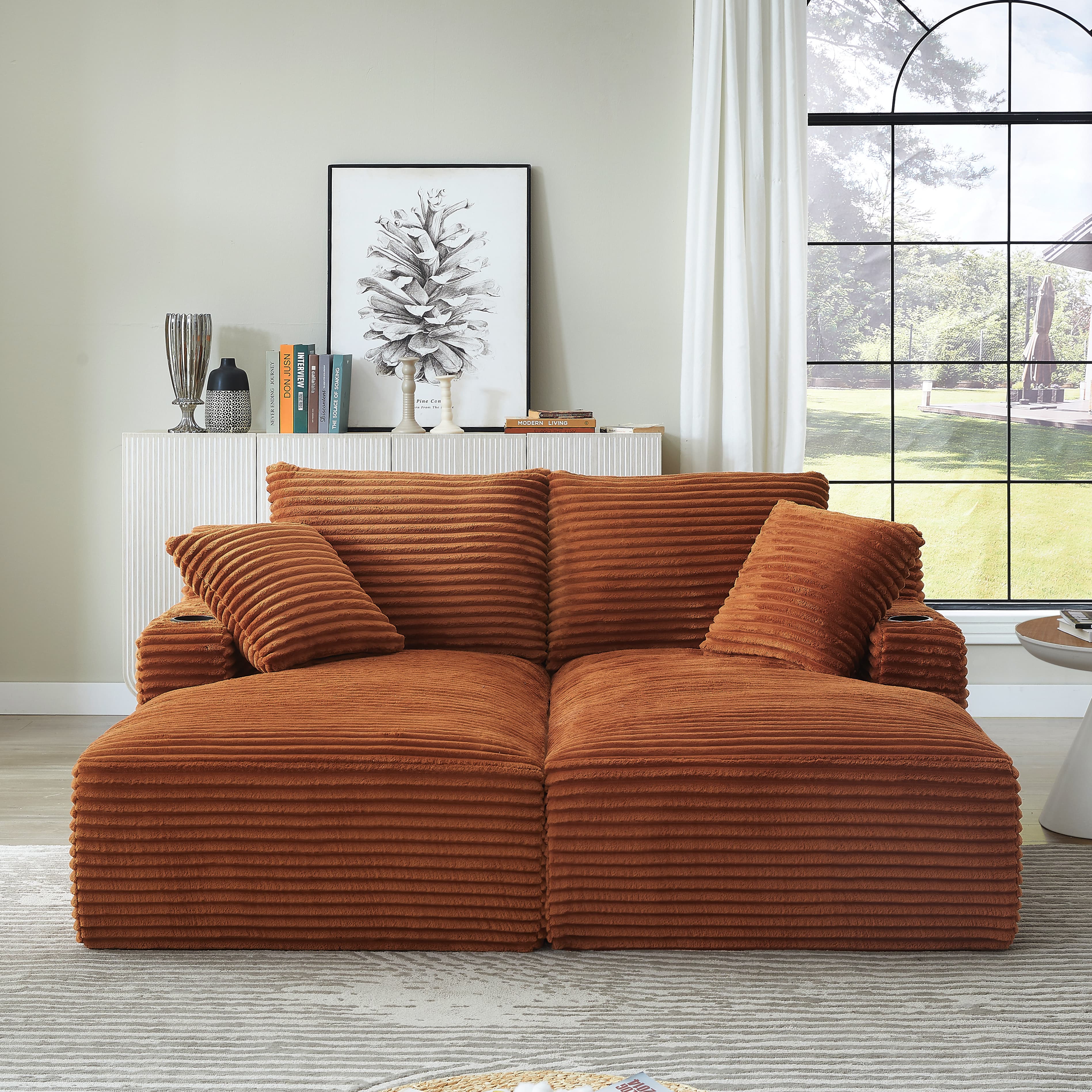 MAYEERTY Compressible Corduroy Double Chaise Sofa, Modern Sectional Loveseat with Cup Holders for Living Room, 71*62*34"Orange