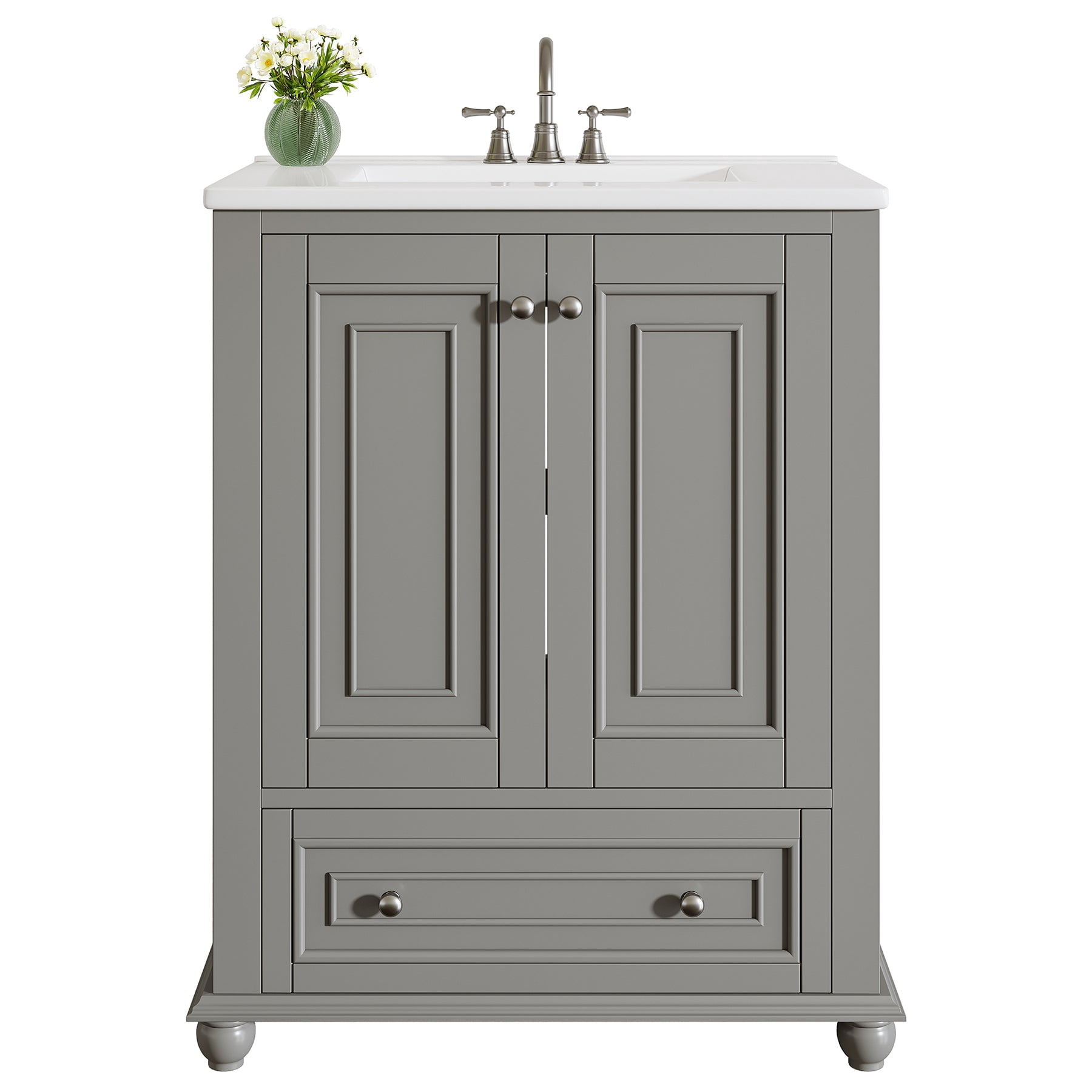 Fnova 24" Bathroom Vanity with Ceramic Sink Combo Freestanding Bathroom Storage Cabinet with 2 Doors 1 Drawer Solid Wood Frame Soft Close Hinges Waterproof Coated Surface for Small Bathroom