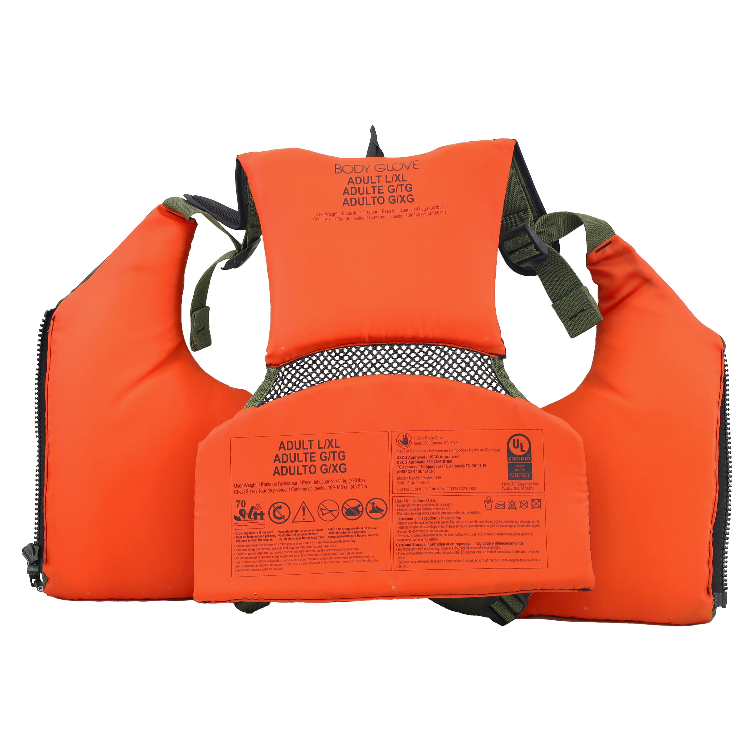 (2 pack) Body Glove Adult Fishing PFD Life Jacket and Vest, Zipper, Unisex, Dual Size L/XL, Green