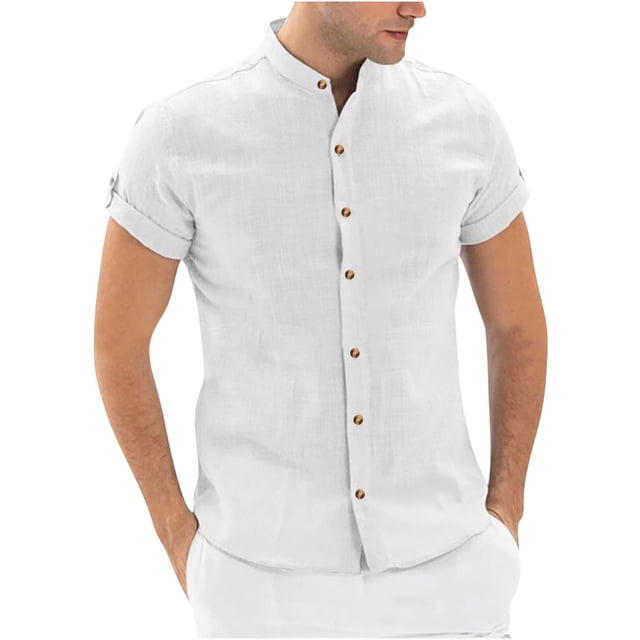 Dvkptbk Men's Short-sleeved Formal Business Color Standing Collar Shirt Multi-button on Clearance