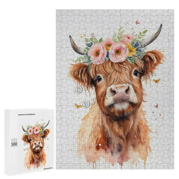 500 Piece Jigsaw Puzzle for Adults - Wood Puzzles - Highland Cow Theme - A Joyful Challenge for Dog Lovers