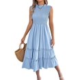 thumbnail image 3 of Women's Sleeveless Smocked Ruffle Neck Tiered Casual Flowy Midi Dress Light Blue S, 3 of 10