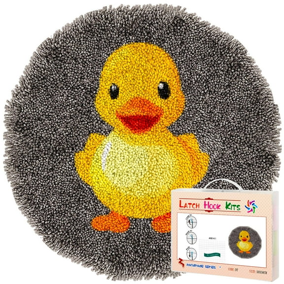 Latch Hook Rug Kit A Cute Little Duck in Yellow Stamped Handmade Round Shape Carpet Crochet Yarn Craft DIY Hook and Latch Door Mat Tapestry for Home Floor Decor 50x50cm(2)
