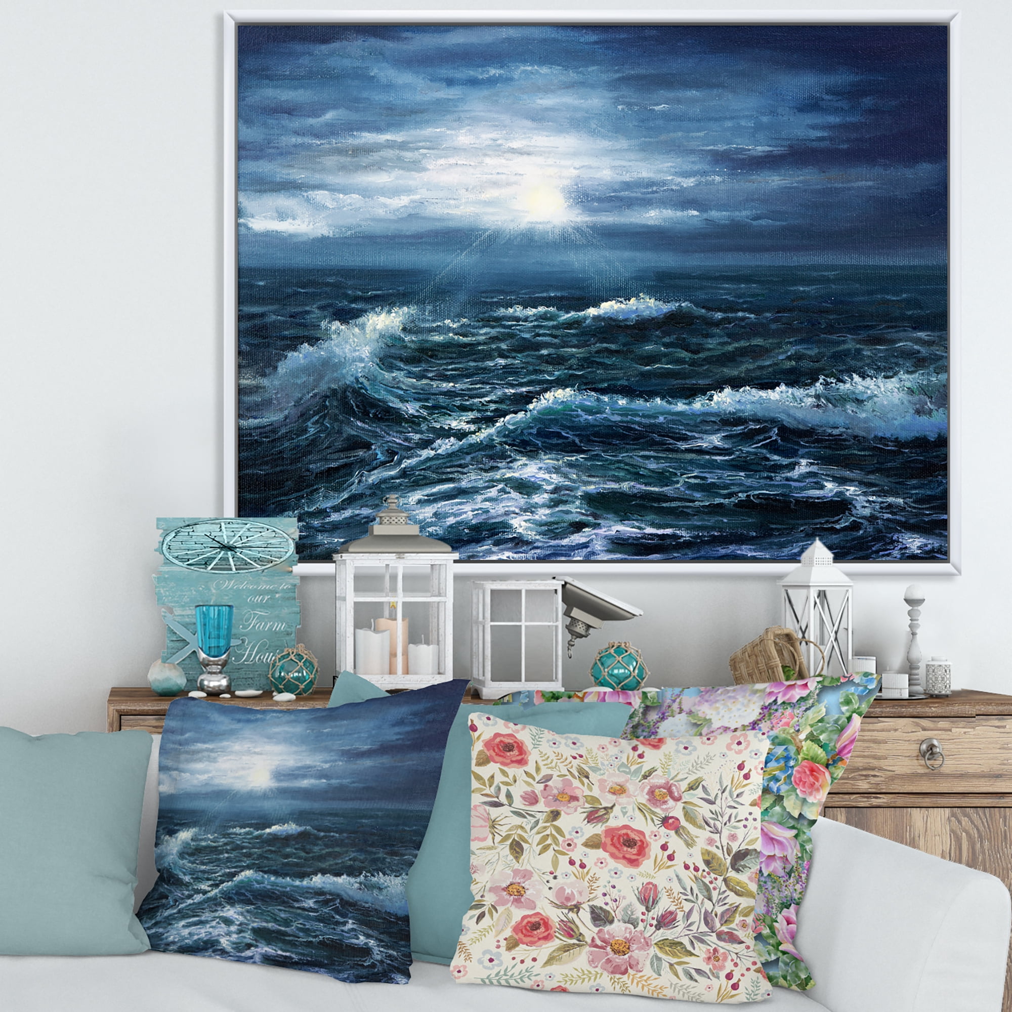 Designart 'Morning Glow Through The Ocean Waves' Nautical & Coastal Framed Canvas Wall Art Print