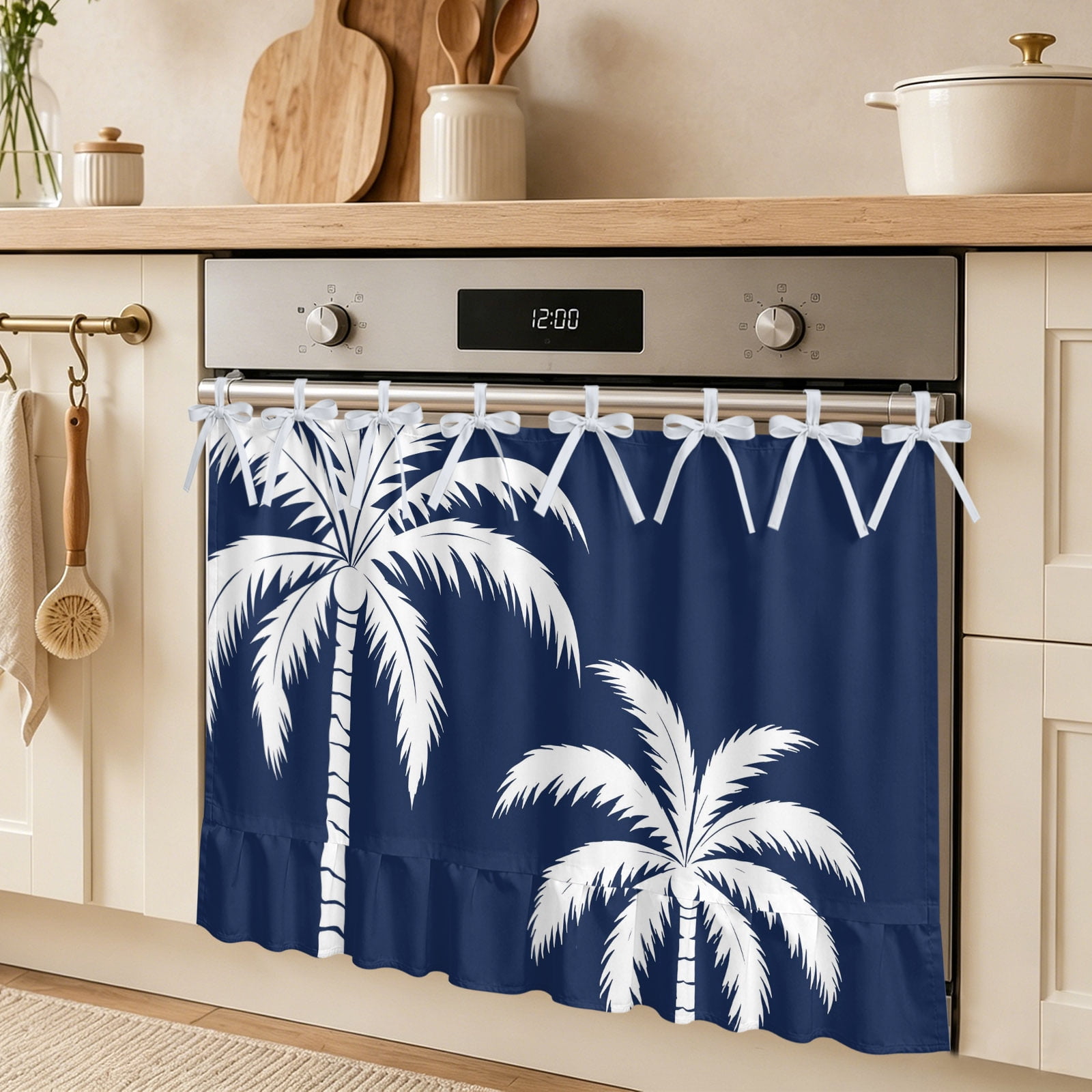 Navy Blue Coconut Tree Oven Skirt Curtain Summer Coastal Tropical Minimalist Palm Tree Tie Top Tier Curtains Stove Dishwasher Skirt Small Window Drapes for Kitchen Bathroom Cafe 27 x20