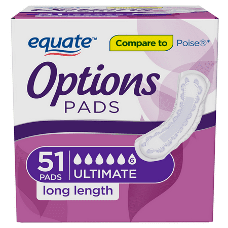 Equate Options Incontinence Pads for Women  Ultimate Absorbency  Long Length  51 Ct