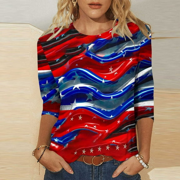 CaiJunJia Womens 4Th of July T-Shirt Round Neck 3/4 Sleeve Loose Fit Blouse Red White and Blue Graphic Trendy Tunic Tops