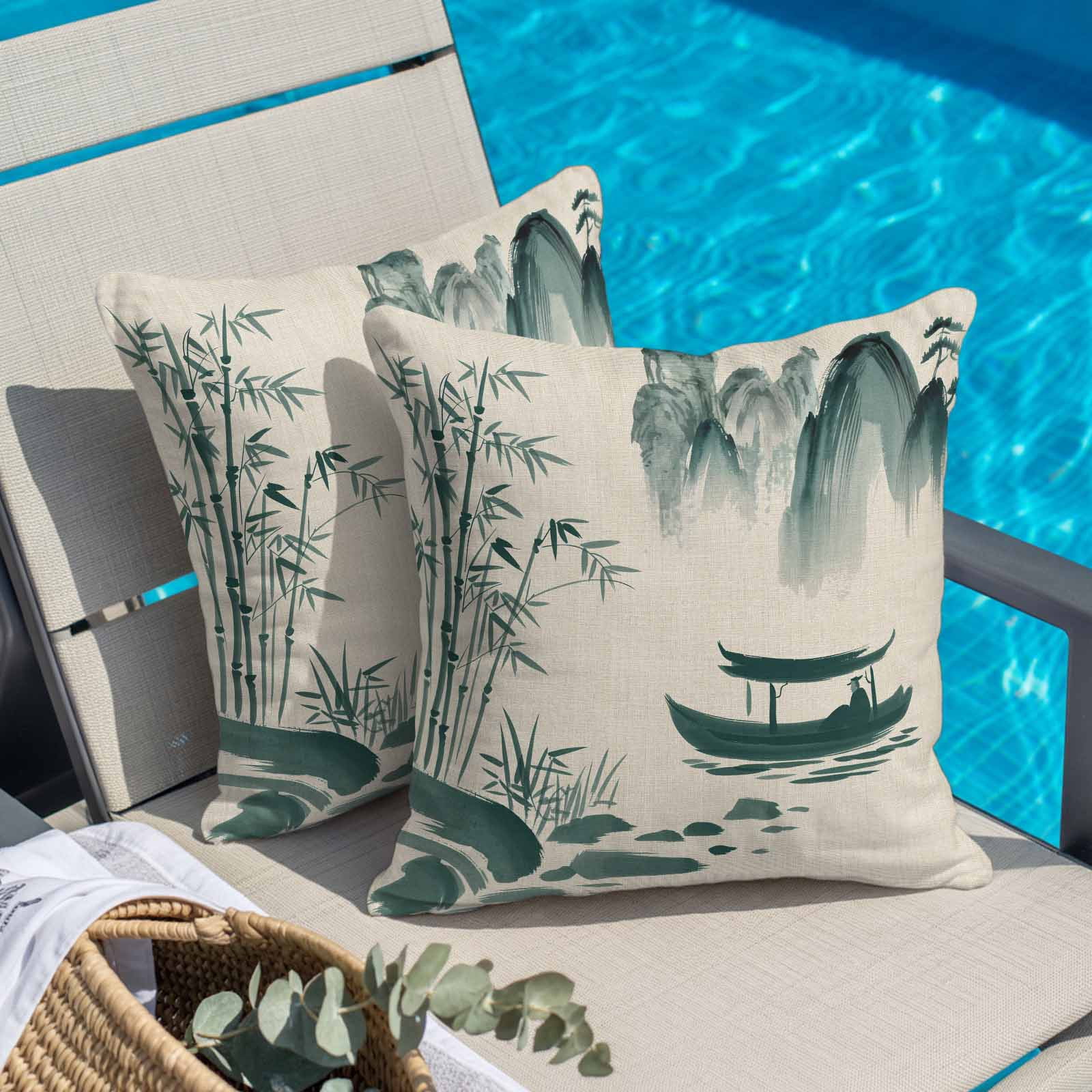 Throw Pillow Covers 26 x 26 Inch, Green Mountains Cotton Linen Pillows Cases, Modern Watercolor Nature Country Landscape Square Cushion Covers for Couch Sofa Bed