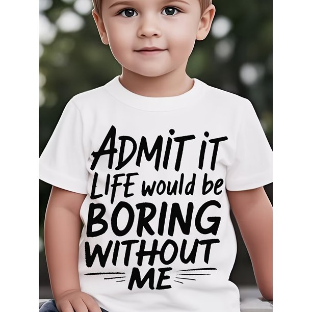 Cool Boys' Graphic Letter Print T-Shirt, Stylish Boring Me Casual Pullover Top, Boys' Patchwork Short-Sleeve T-Shirt.