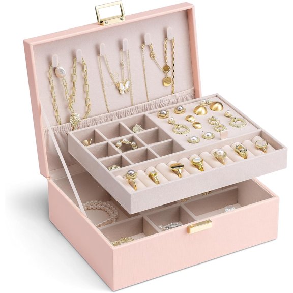 Jewelry Organizer Box Large Space Double-Layer Portable Velvet Jewelry Storage Box Leather Necklace Earrings Rings Case Box 1Pcs