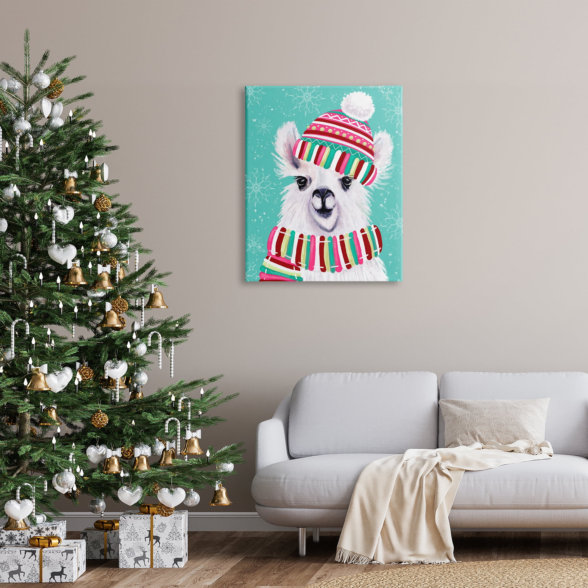 Stupell Indtries Festive Winter Llama Portrait Snowy Weather Scarf Hat,30 x 40,Design by Elizabeth Tyndall