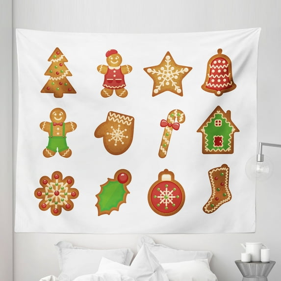 Gingerbread Man Tapestry, Various Biscuits in Different Shapes Delicious Bakery Goodies, Fabric Wall Hanging Decor for Bedroom Living Room Dorm, 5 Sizes, Pale Brown Green Red, by Ambesonne