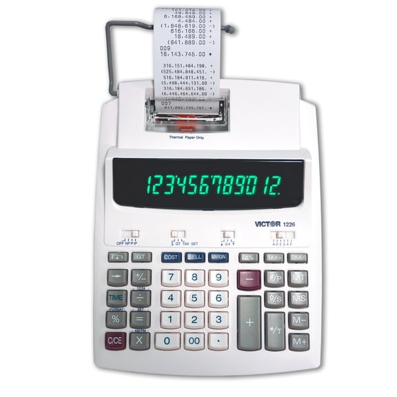 Victor 12-Digit Thermal Printing Calculator, Fast 8.0 LPS Ink-Free Printing, Extra-Large LED Display, Cost-Sell-Margin Keys, White (1226)