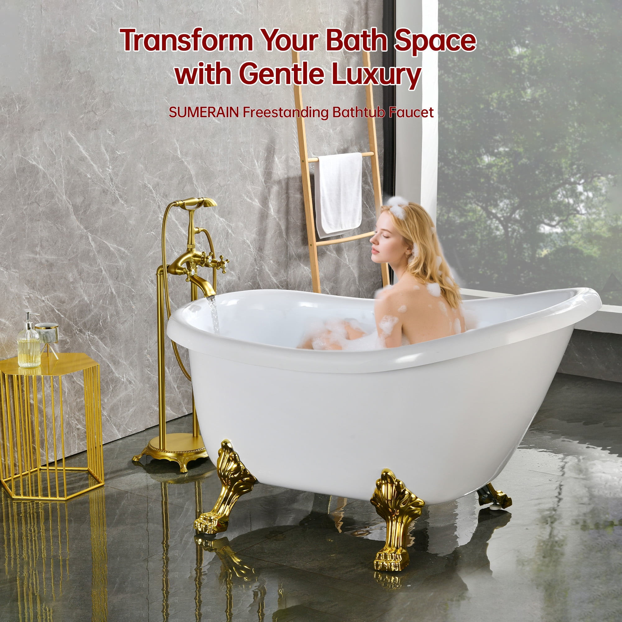 SUMERAIN Brushed Gold Freestanding Bathtub Faucet with Handheld Shower, High-Flow Waterfall Floor Mount Tub Filler, Solid Brass