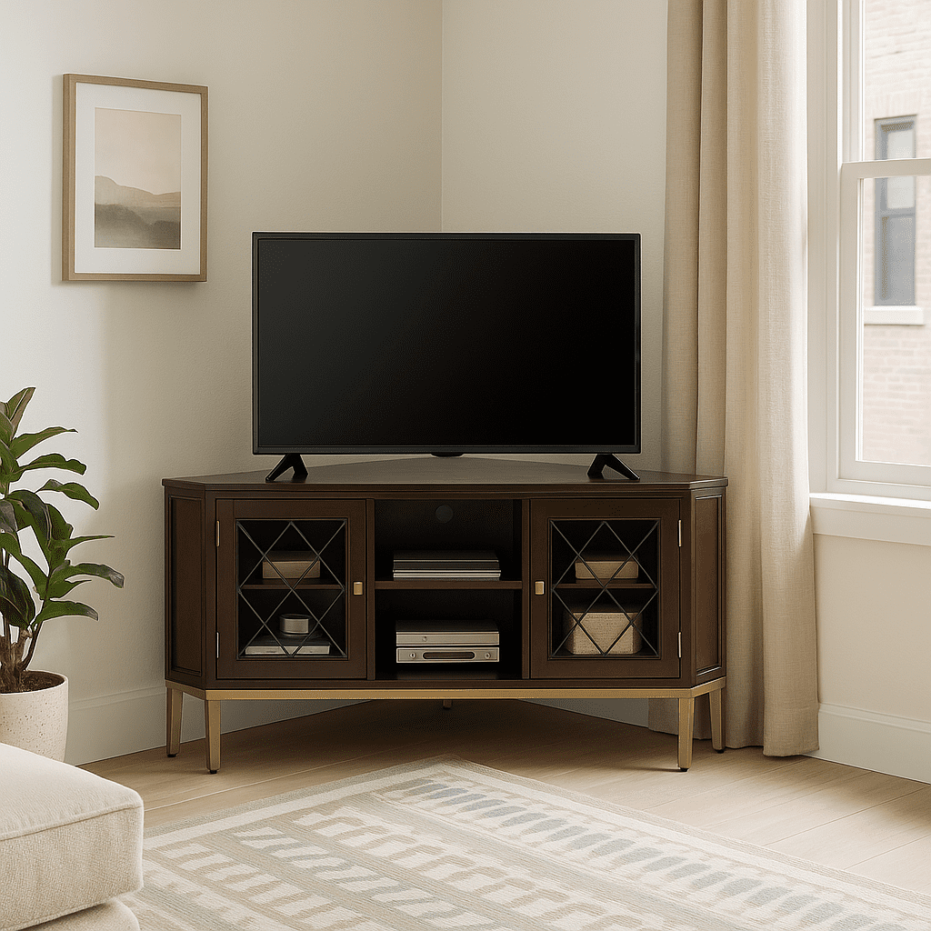 Leick Home Wood and Metal 2-Door TV Stand for TVs up to 62", Chocolate/Gold