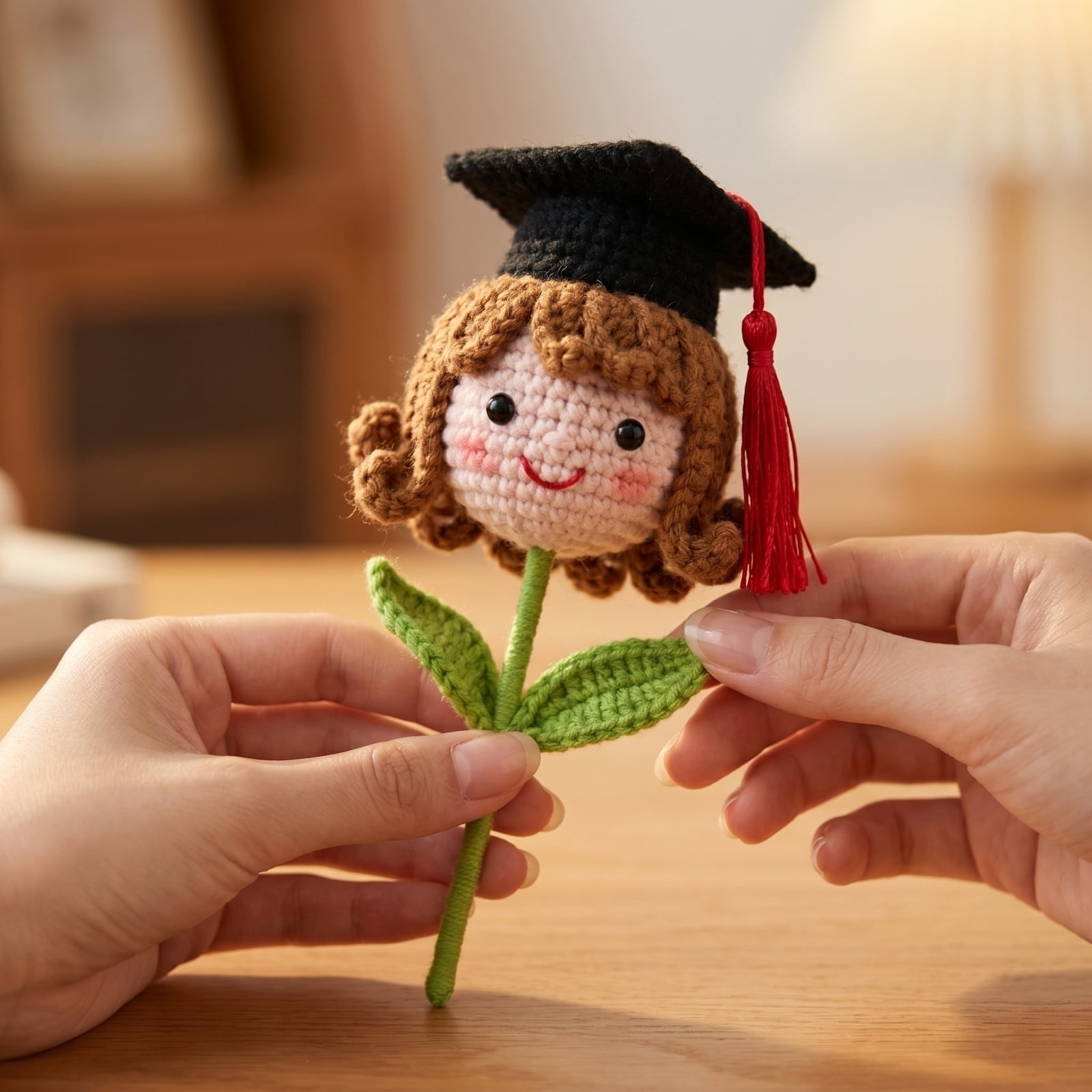 StlyGar Crochet Flower Graduation Hat Girl boy Figurine Artificial Bouquet Stylish Academic Achievement gift 11.8in