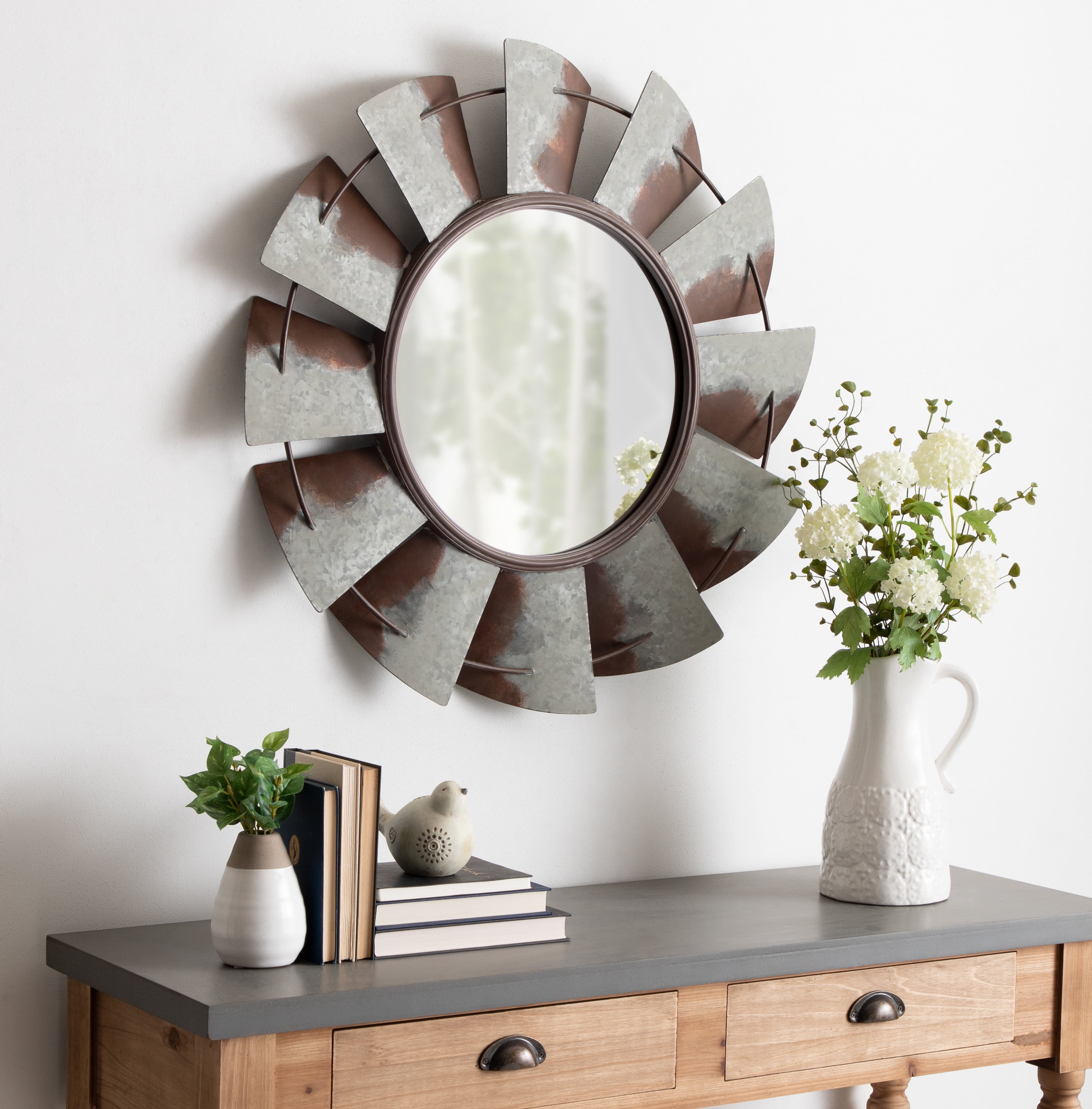 Kate and Laurel Millbrook Windmill Rustic Farmhouse Distressed Metal Wall Mirror, 32 Diameter
