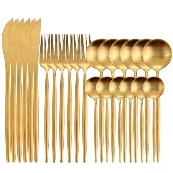 Matte Gold Silverware Set Spoons and Forks Knives Set Golden Utensils Service for 6 Stainless Steel Black Cutlery Kitchen Flatware Set