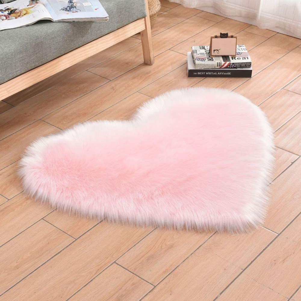 Love Shape Fluffy Long Pile Faux Sheepskin Area Rugs Bedside Carpet Pink 