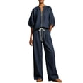 thumbnail image 2 of Xunmmm Women's Cotton Linen Two Piece Set Loose Fit Half Sleeve Zipper Shirt and Wide Leg Pant Casual Summer 2 Piece Set for Women Linen Pants Set Outerwear, 2 of 6