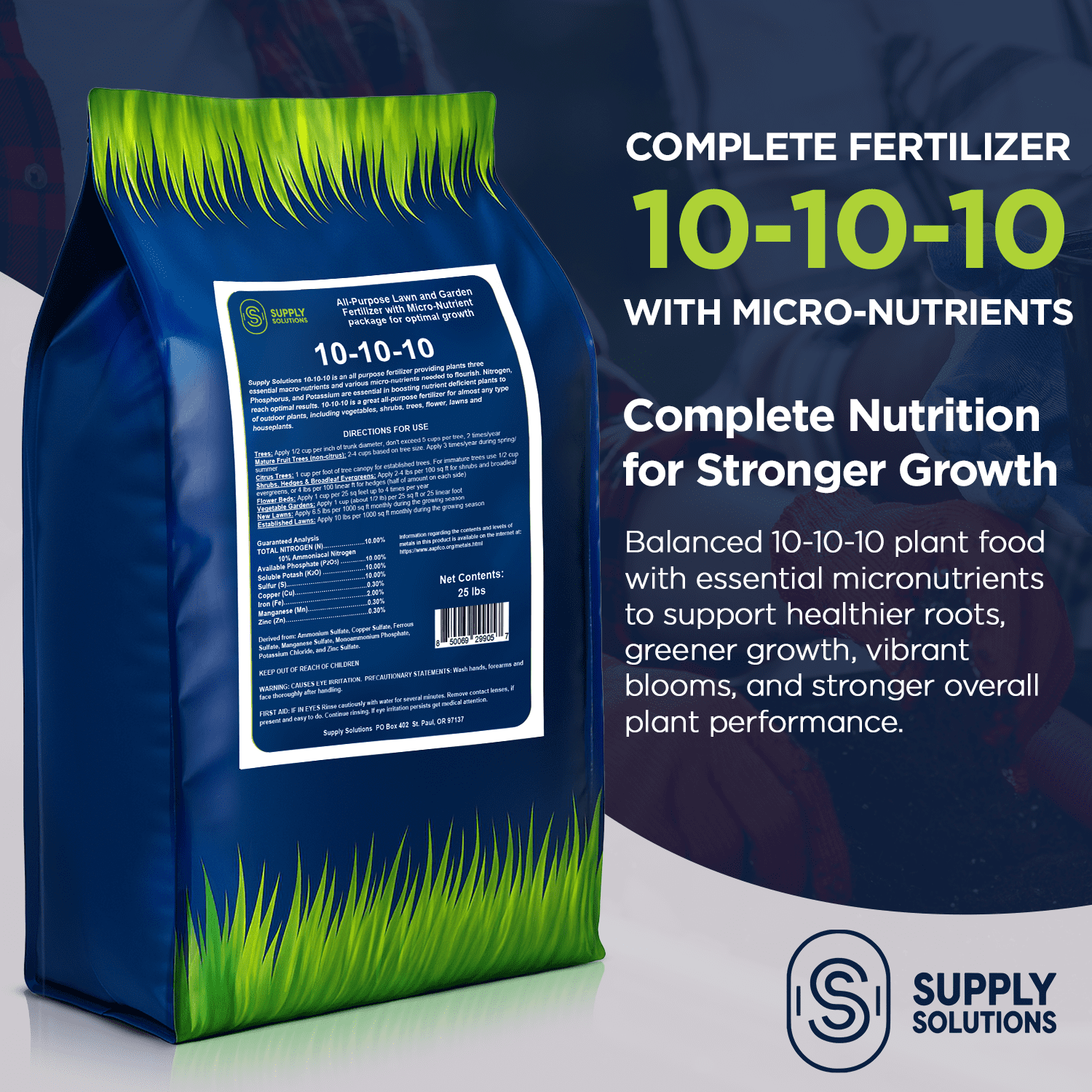 Supply Solutions 10-10-10 Complete Lawn & Garden Granular Fertilizer with Micronutrients – Balanced NPK Plant Food for Soil Health, Blooms & Roots – Safe for Vegetables, Fruits, Lawns (25lbs)
