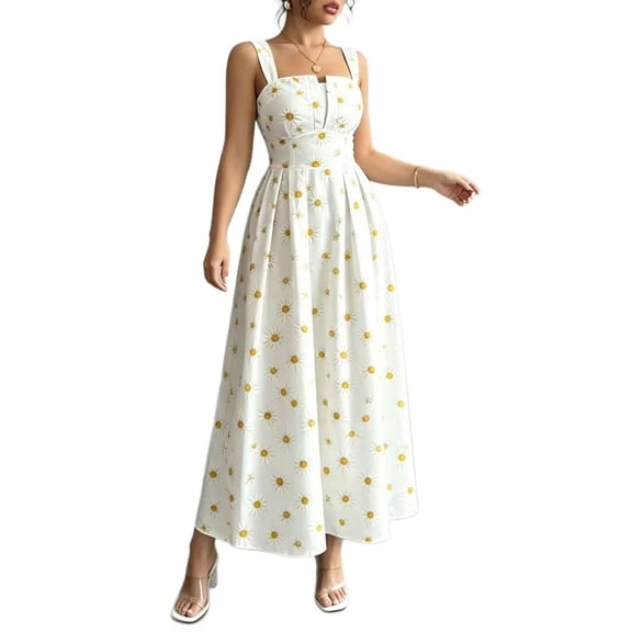 WRKEKC Summer Dresses for Women Printed Sleeveless a Line Pleated Square Neck Ankle Length Versatile Casual Wear
