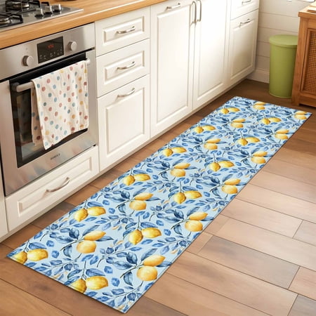 2 x6 Rug Runners for Hallways Kitchen Yellow Lemon Non Slip Entryway Beside Floor Carpet Runner Blue Leaves Summer Fruit Watercolor Washable Laundry Room Bedroom Throw Rugs Mat for Family Pet