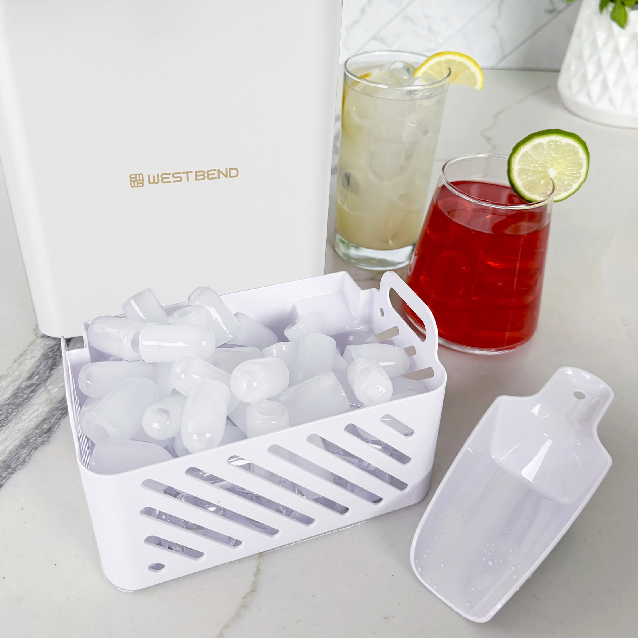 West Bend Timeless 26lb. Countertop Bullet Ice Maker in White and Gold (WBIM2625WG)