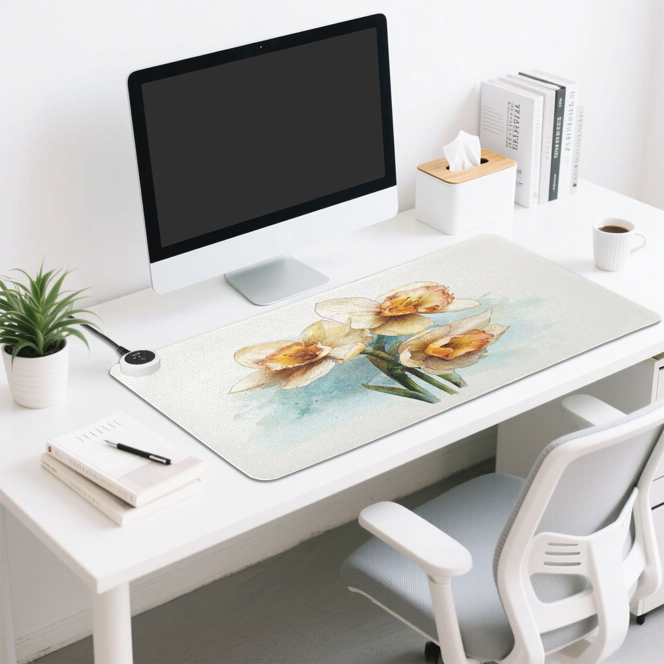 Large Heated Desk Mat Mouse Pad 31.5"x13"PU Leather Graphene Heating Desk Warmer with 3 Temperature Settings 110V US Plug Non-Slip Warm Pad for Home, Office, and Gaming Soft Bloom Trio Pattern