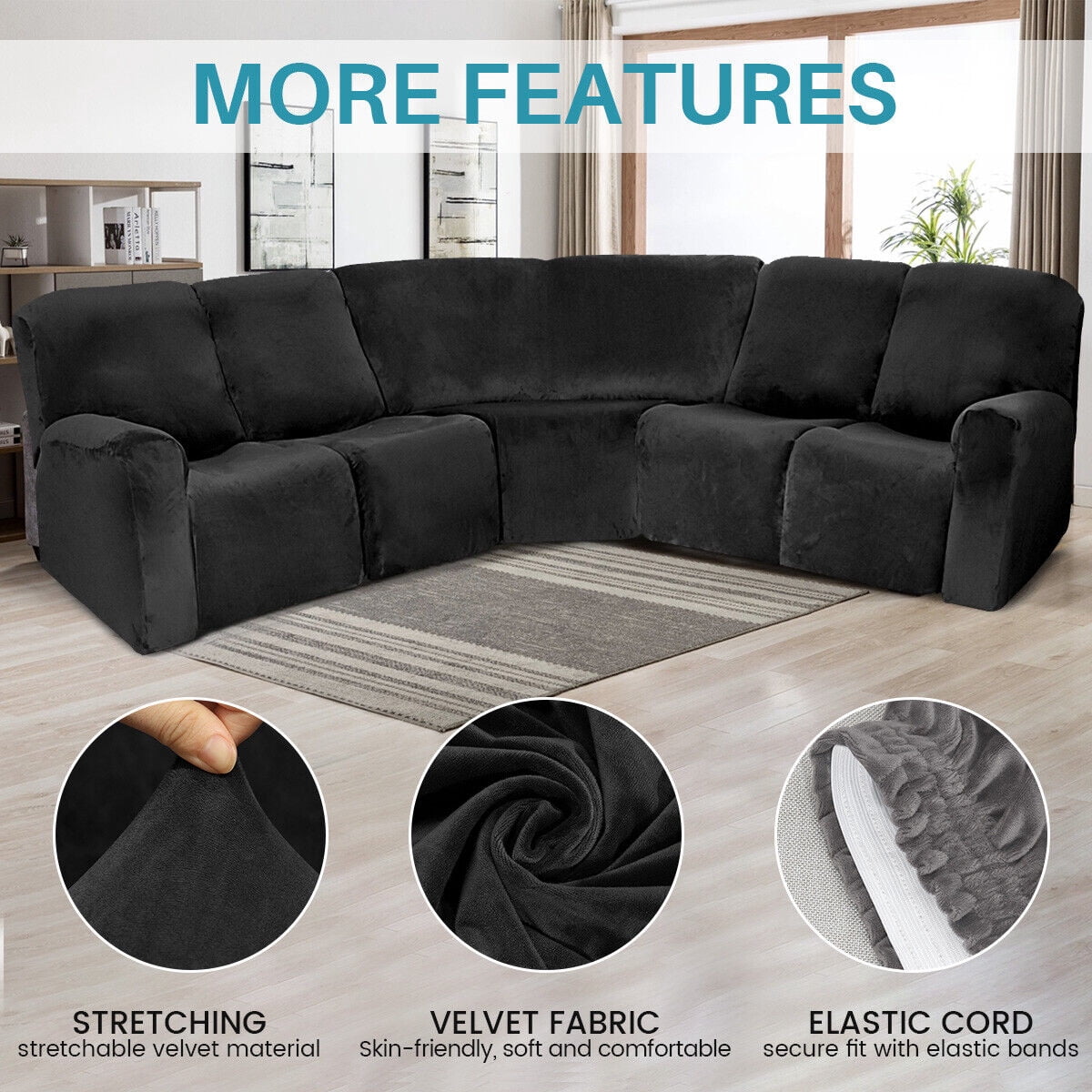 TOPCHANCES Velvet Recliner Sofa Covers, 5 Seat Corner Sofa Covers Stretch Furniture Protector Including 2 Arm Pieces, 4 Seat and Backrest Pieces and 1 Corner Piece, Black