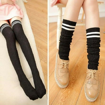 

Women Knit Cotton Over The Knee Long Socks Striped Thigh High Stocking Socks New