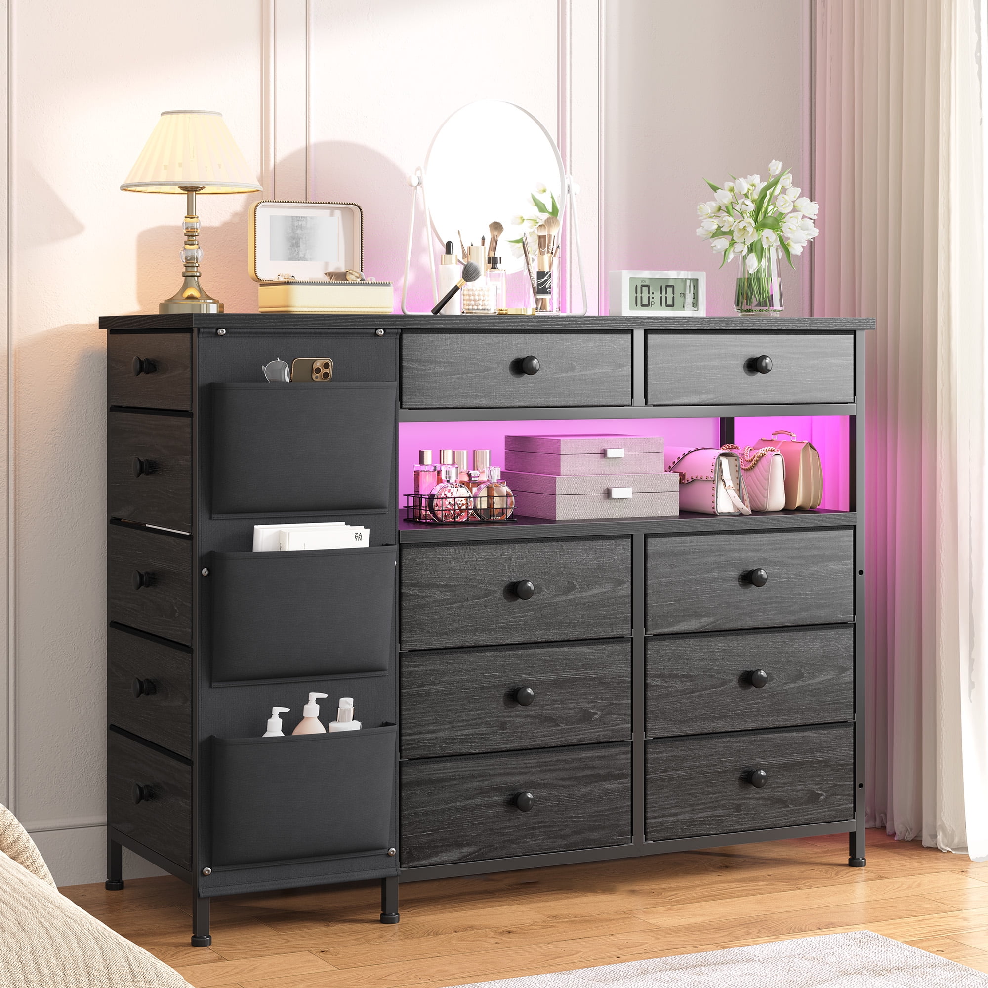 EnHomee Dresser for Bedroom with 13 Drawers and LED Lights Black Dressers & Chests of Drawers Fabric Dresser for Closet,43.3"L x 11.8"W x 40.2"H