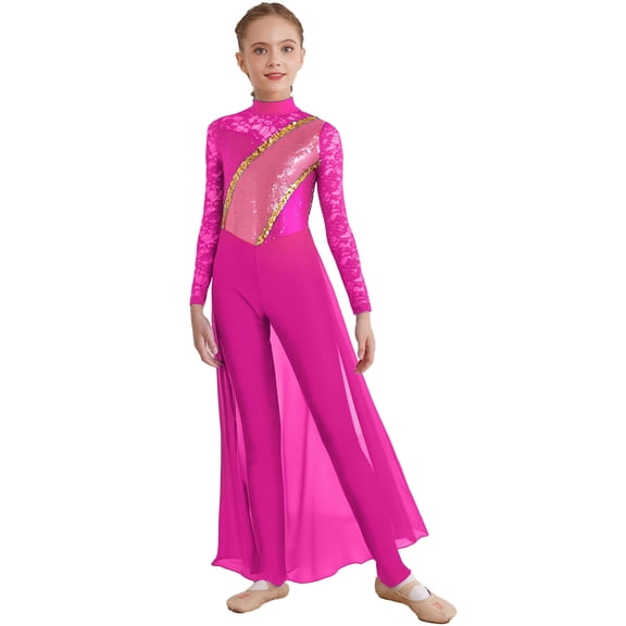 Haitryli Kids Girls Floral Lace Long Sleeve Sequins Figure Skating Jumpsuit Gymnastics Skirted Leotard Ballet Dancewear Hot Pink 10