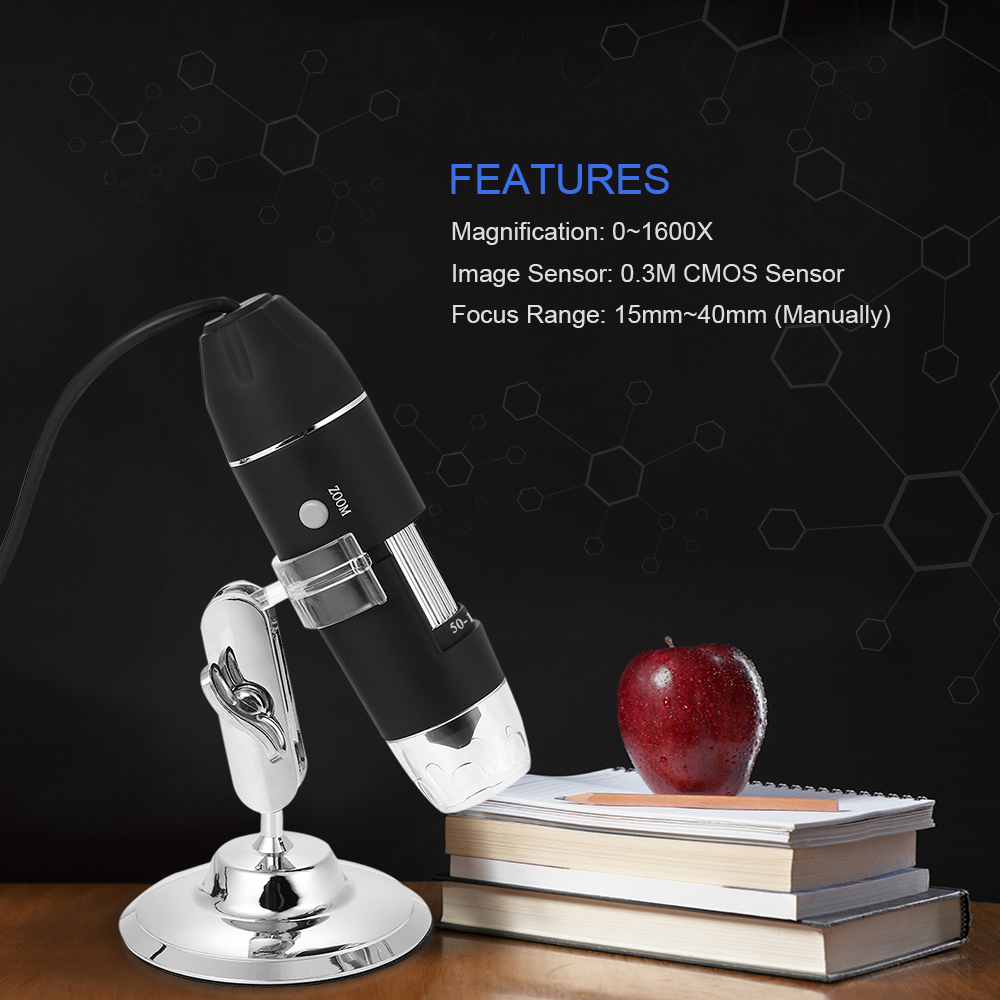 1600x Magnification Endoscope, 8 LED USB 2.0/1.1 Digital Microscope, Mini Camera with OTG Adapter and Metal Stand, Compatible with Win XP/Vista, Win7/32/64