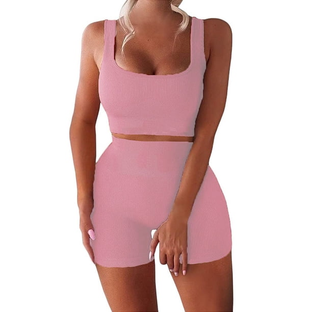 Eigraketly 2 unids/set Jogging ejercicio mujer chaleco pantalones cortos poliéster transpirable Crop Tops pantalones de cintura alta Kit ropa Uniforme atlético Rosa L