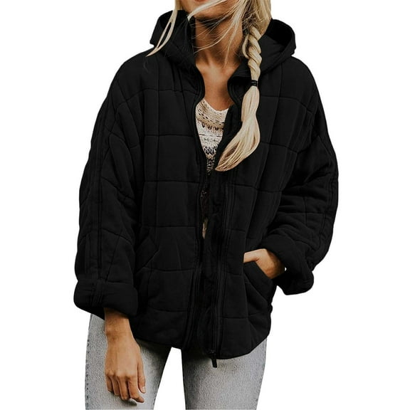 iHPH7 Puffer Jacket Womens Casual Outerwear Hooded Puffer Jacket Women Mid Length Coats for Women Warm Clothes for Women Winter Parka for Women Zip Up Jackets for Women Black L
