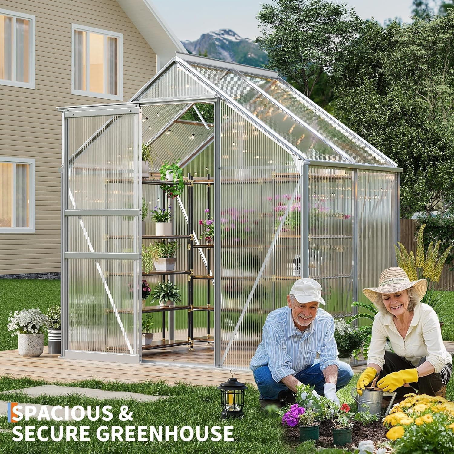 QinaQin 6 x 4 FT Outdoor Greenhouse,Polycarbonate Greenhouses with Aluminum Frame,Sliding Door,Adjustable Roof Vent for Backyard,Green Houses for Outside Garden,Silver