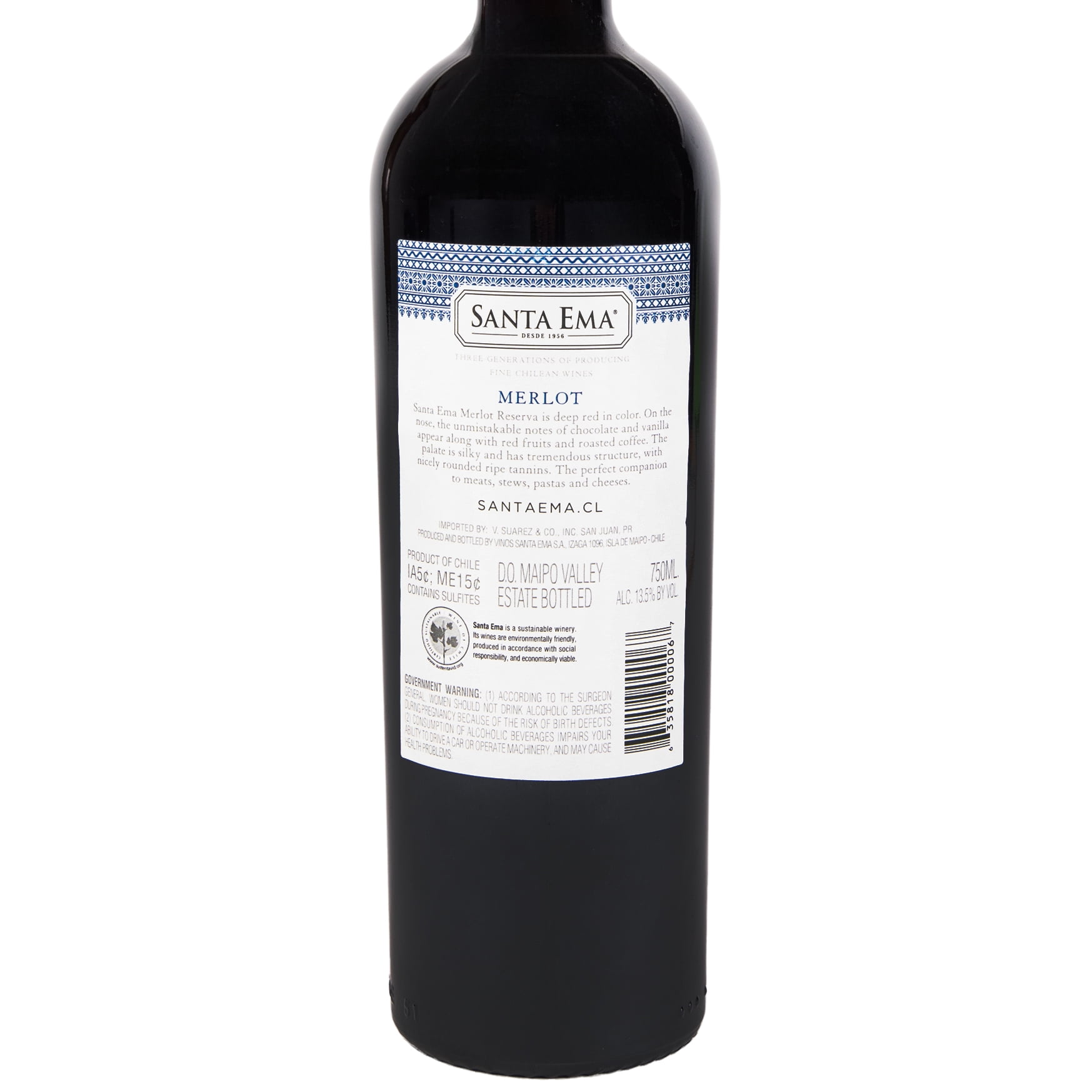 Santa Ema Merlot Red Maipo Valley, Chile Wine, 750 ml Glass Bottle, 13.5% ABV