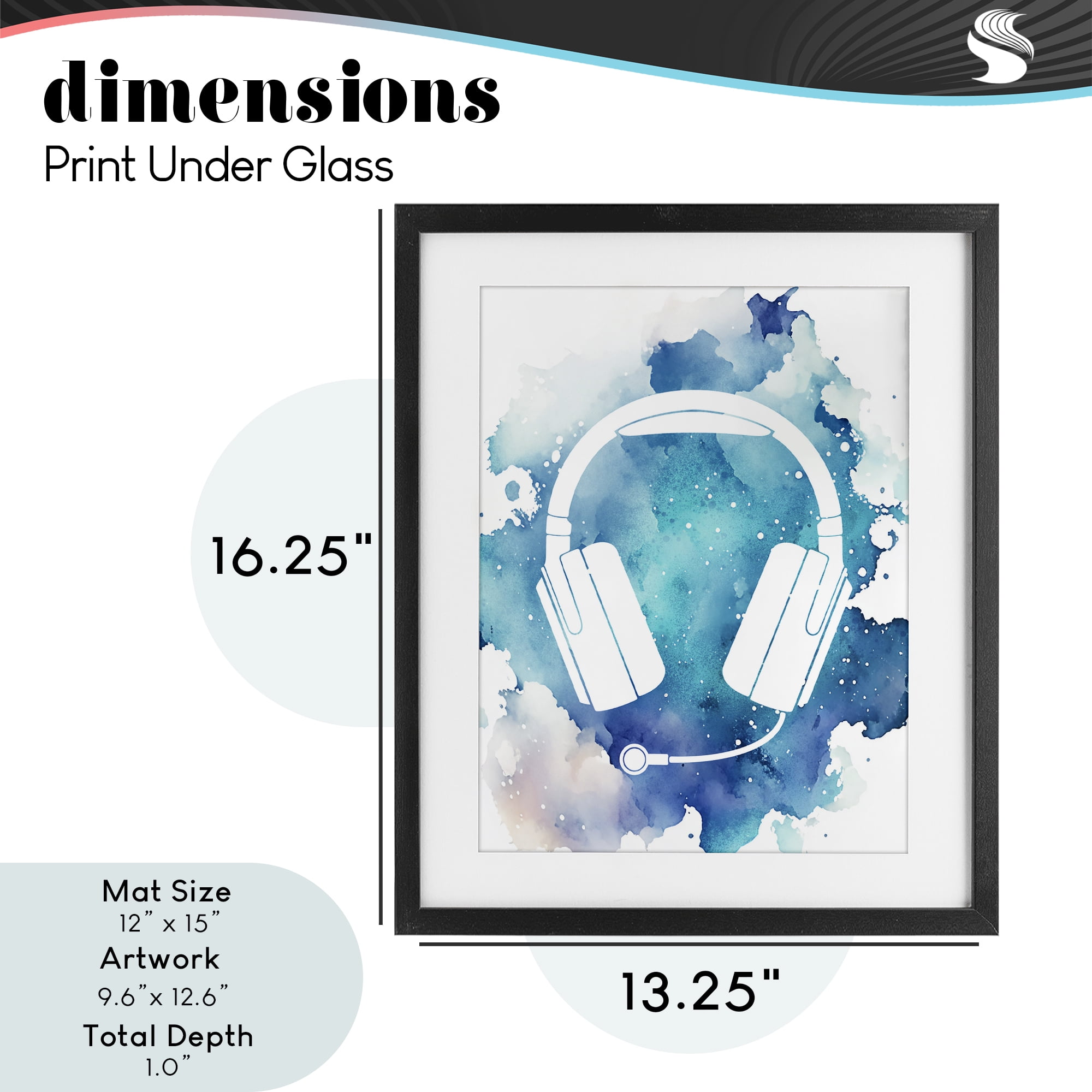 Blue Headphone Splatter Black Framed Print Under Glass, design by Marcus Prime