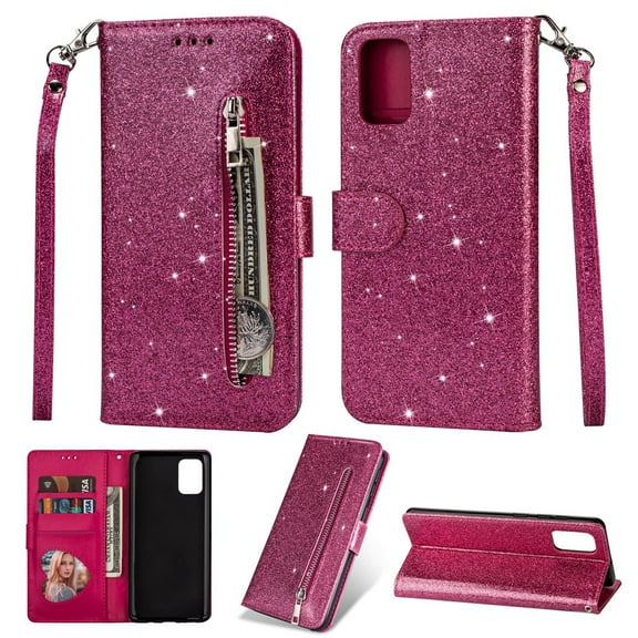 Dteck Case For Samsung Galaxy A51 5G (6.5 inches),Magnetic Bling Glitter Leather Wallet Case ,With Strap Card Holder Zipper Kickstand Cover,Rose