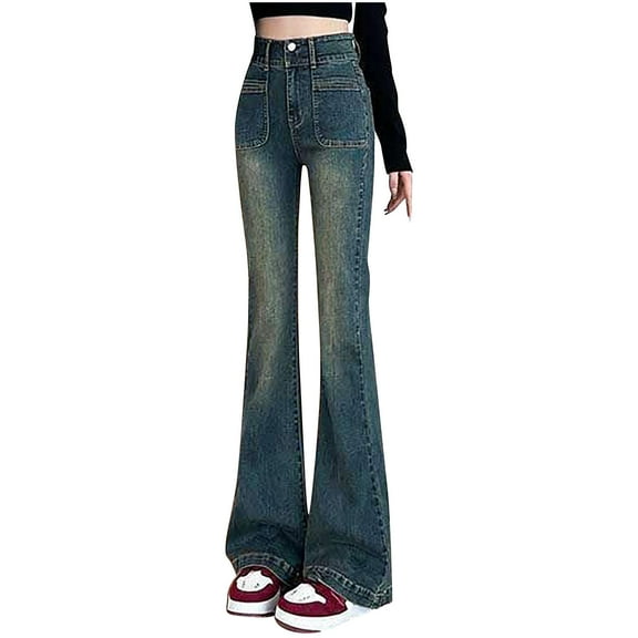 STETMN Women's Mid Rise Flare Jean Retro Sexy Denim Pant Fall Casual Tendy Jeans with Pocket